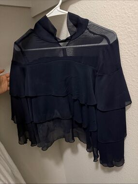 Zara Navy Sheer Tiered Ruffle Blouse